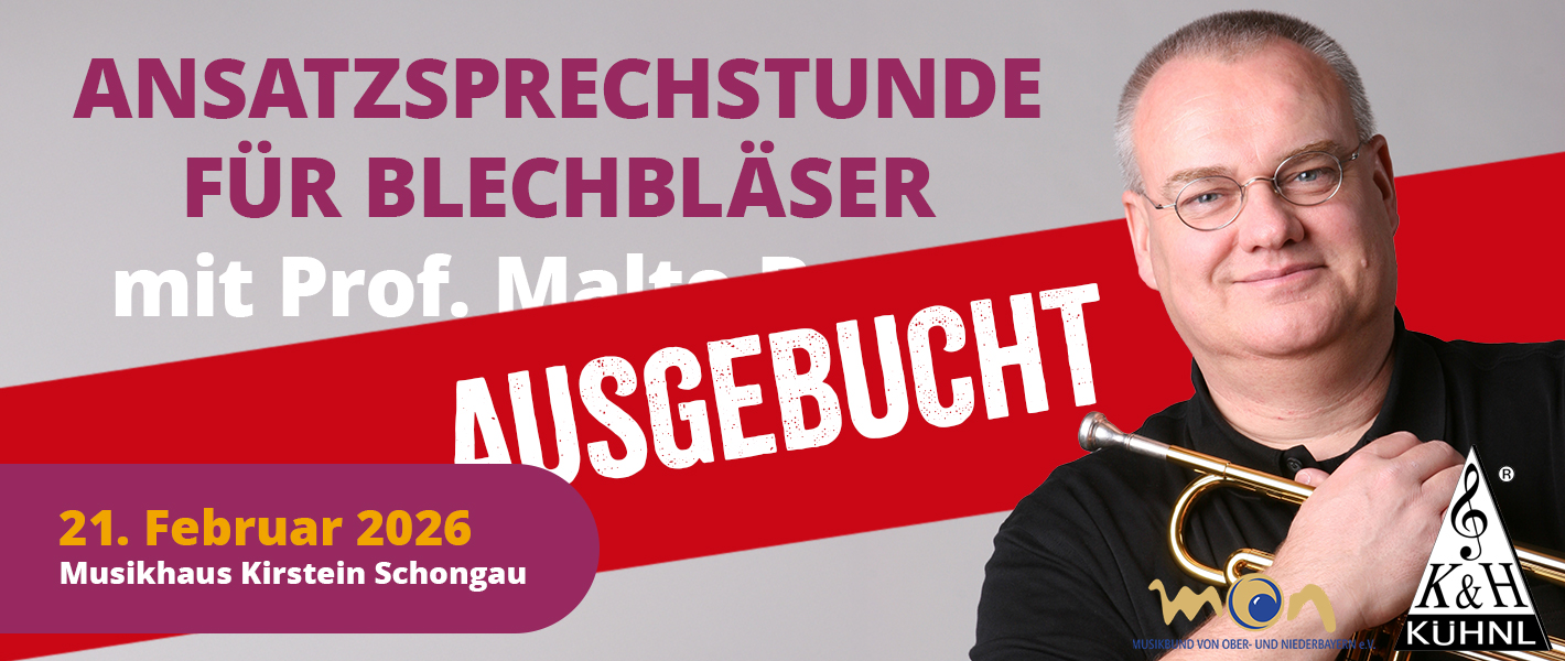 Ansatzsprechstunde für Blechbläser mit Prof. Malte Burba im Musikhaus Kirstein. Der Workshop ist ausgebucht.