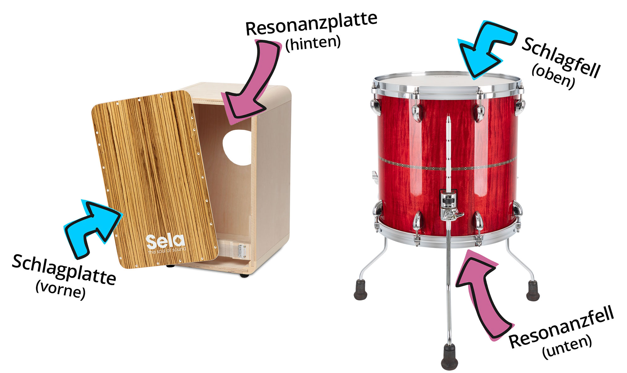 Schlag- und Resonanzplatte einer Cajon sowie Schlag- und Resonanzfell einer Trommel, jeweils mit Bezeichnungen.