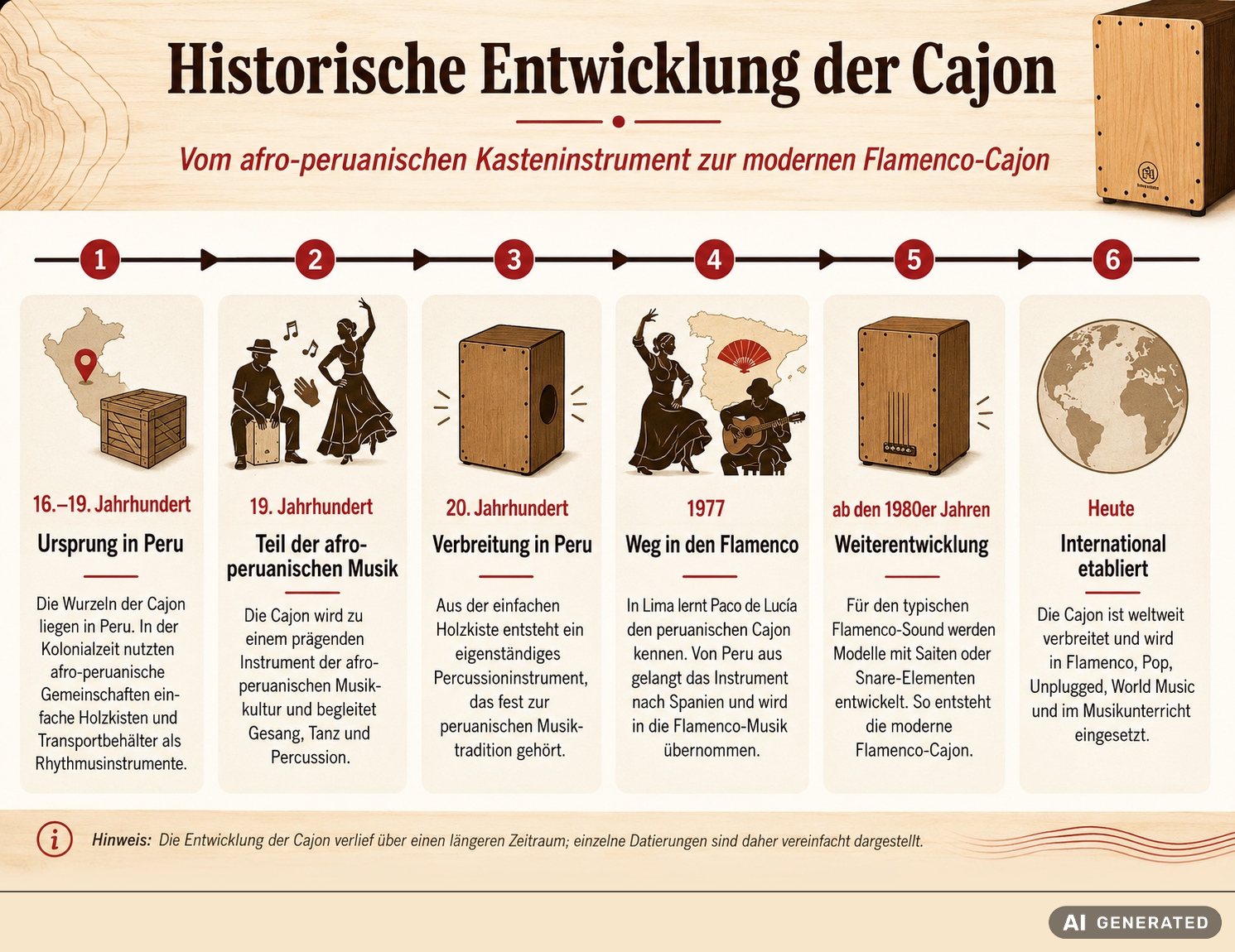 Grafische Darstellung: Historische Entwicklung der Cajon. Die Grafik wurde mithilfe von KI erstellt.