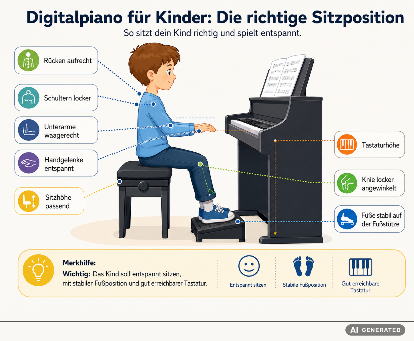Grafik mit Erläuterungen: Die richtige Sitzposition für Kinder am Digitalpiano. Die Grafik wurde mithilfe von KI erstellt.
