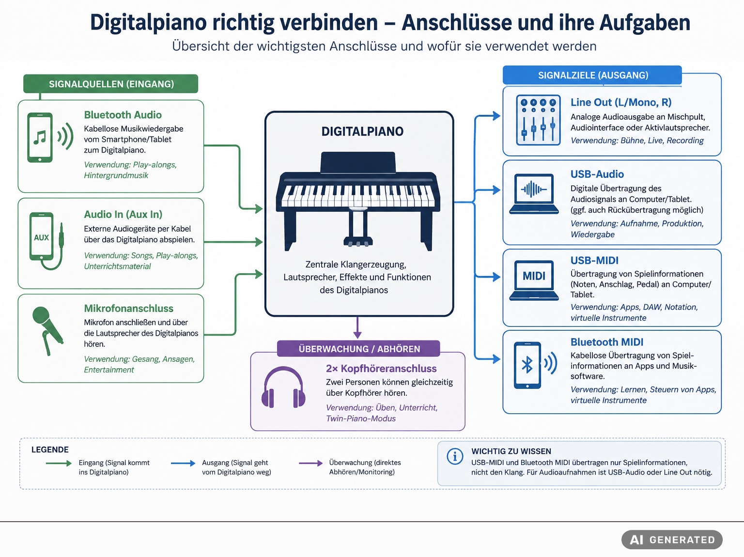 Grafische Darstellung: Anschlussmöglichkeiten beim Digitalpiano. Die Grafik wurde mithilfe von KI erstellt.