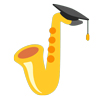 Emoji von einem Saxophon mit einer studentischen Abschlussmütze. Beim Yamaha Saxophon-Beginner-Workshop im Musikhaus Kirstein musst Du an nichts denken. Du bekommst beim Workshop einen Notenstaender, ein Instrument und ein Mundstück gestellt.